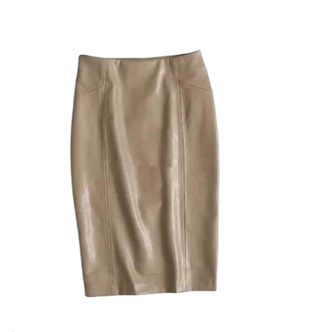 Women Winter Faux Leather Midi Pencil Skirts High Waist Zipper Back Split Leather Below Knee Office Skirt