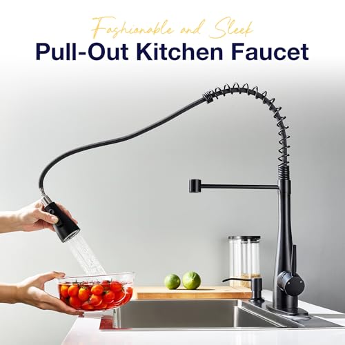 Image of Kitchen Faucets with Pull Down Sprayer, High Arc Single Handle Classic Stainless Steel Sink Faucet 1 or 3 Hole, Suitable for Farmhouse Camper Laundry Rv Bar, Matte Black