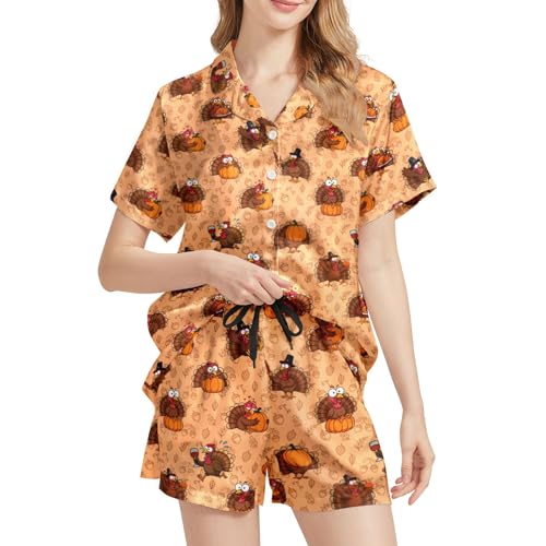 WELLINZER Thanksgiving Turkey Womens Silk Satin Pajamas Sets Short Sleeve Loungewear Two-Piece Claus Sleepwear Button-Down Pj Set XL