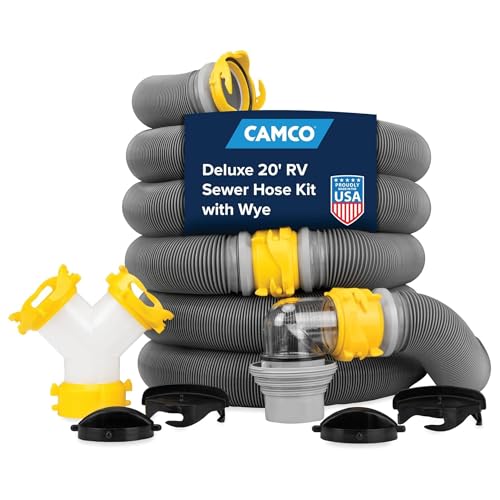 Camco Deluxe 20' Sewer Hose Kit with Swivel Fittings and Wye Connector - Ready To Use Kit Complete with Sewer Wye and Elbow Fittings, Hoses, and Storage Caps (39666)
