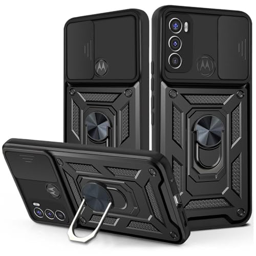 Image of Casodon Heavy Duty Back Case Cover for Moto G60 /G40 Fusion 5G, Shockproof Moto G60 /G40 Fusion Back Cover, Ring Case with Kickstand and Camera Protection Shutter - Black