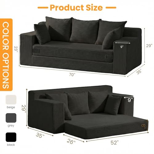 Convertible Sofa Bed, Pull Out 3 Seater Sleeper Sofa, 70" Black Boneless Couch Fold Out Floor Couch with 5 Pillows for Living Room Bedroom Lounge Small Space - Image 3