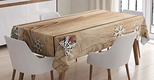 ABAKUHAUS Noël Nappe, Bois Planche Snowflakes, Linge de Table Rectangulaire pour Salle à Manger Décor de Cuisine, 140 x 200 cm, Brun Clair Blanc Brun