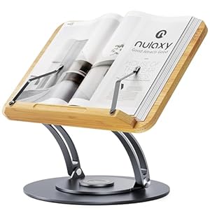 Nulaxy Bamboo 360 Rotating Book Stand for Reading, Adjustable Textbook Holder for Reading Hands-Free, Foldable Desktop Cookbook Stand with Protective Page Clips, Fits All Books – Gray