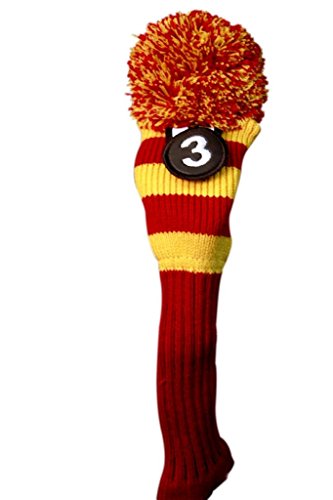 Majek #3 Hybrid Rescue Utility Red & Yellow Golf Headcover Knit Pom Pom Retro Classic Vintage Head Cover