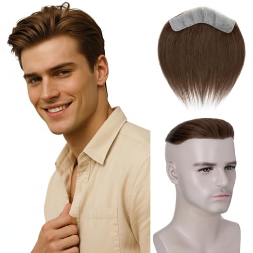 MY-LADY Parrucca Uomo Frontale, Men's Hairline Toupet Capelli Frontale Uomo Protesi Capelli Umani, Base PU 0.04mm 4x18cm Naturale Invisibile 12g (#04, Marrone Cioccolato)