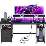 Furologee 61" Gaming Desk with Power Outlets & LED Lights, Reversible Computer Desk with File Cabinet & Monitor Stand for Home Office, Large Work Table with Storage Shelves & Drawer, Black