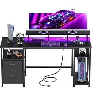 Furologee 61″ Gaming Desk with Power Outlets & LED Lights, Reversible Computer Desk with File Cabinet & Monitor Stand for Home Office, Large Work Table with Storage Shelves & Drawer, Black