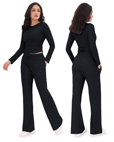 Image of ZOOSIXX Lounge Sets for Women - 2 Piece Outfits Crop Tops with Fold Over Flare Leggings Fall Loungewear Fitted Pajama