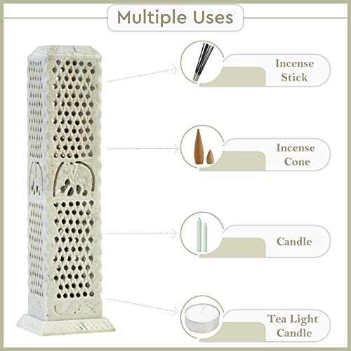 Crocon Handmade Soapstone Incense Stick Tower Burner Elephant And Jali Design Square Burner Incense Stick & Candle Holder Home & Living Room Decoration Item Best Gift Set Size - Lxwxh, 3X3X10 Inch #TOP4