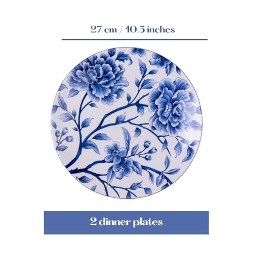 Image of GOLDEN QUEEN'S Handcrafted Dinner Plates: Set of 2 | Perfect for Hosting and Daily Meals | Microwave Safe Plates | 10.5 inch | Serves 2 - Sapphire Bloom Dinner Plates