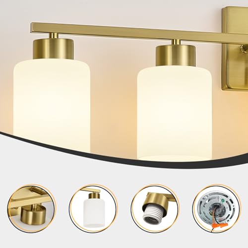 Image of FonmYim Brushed Gold Bathroom Light Fixtures, 5-Light Modern Vanity Light Over Mirror, Wall Sconces with Milky White Frosted Glass Shades, E26 Socket (Bulbs Not Included)