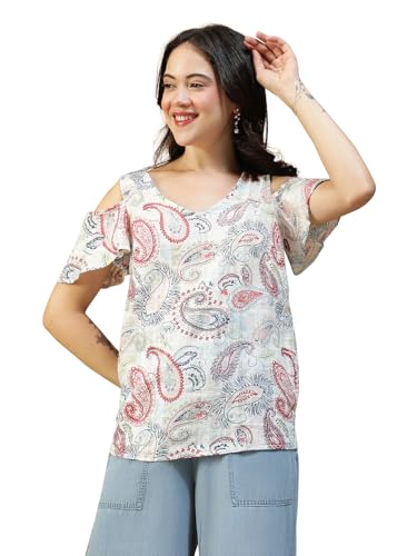 Image of oxolloxo Women Solid V-Neck Short Sleeve Cold Shoulder Yarn-Dyed Dobby Top