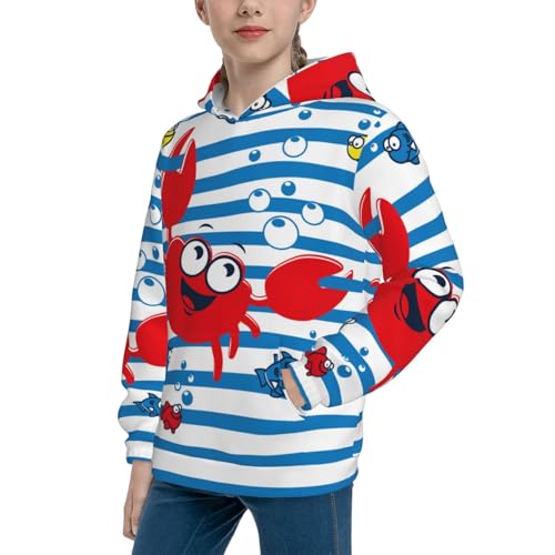 Red Funny Crab on Blue Stripe Kid Hoodies Boys Sweatshirts Girls Pullover with Pocket2