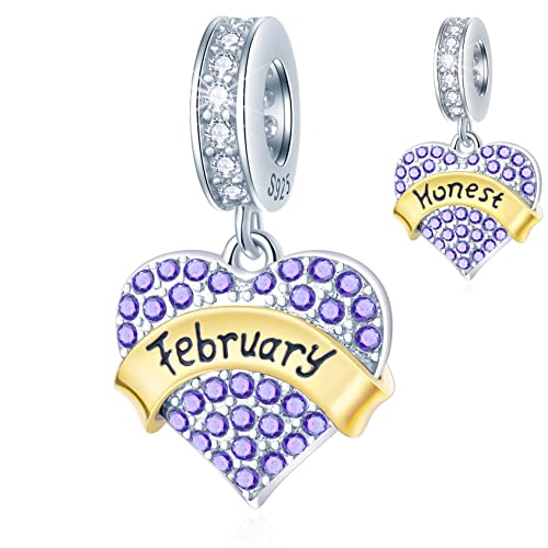 February Birthstone is Honest Heart Dangle Charms, fits Pandora Valentines Bracelet, Amethyst Purple CZ Love Pendant Beads in 925 Sterling Silver, Gift for Wife/Sister/Birthday