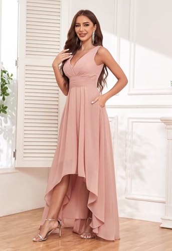 Image of Sukleet Chiffon Bridesmaid Dresses for Women with Pockets V Neck Ruched Short Formal Party Dress