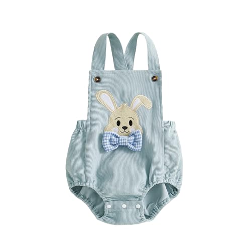 Amnnchya Baby Boy Girl Easter Outfit Newborn Bunny Romper Cute Infant Rabbit Bowtie Overalls Jumpsuit Summer Spring Clothes (Blue 3-6 Months)