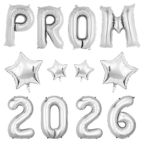 Prom 2026 Balloons 16Inchs Gold Foil Letters Balloon with 4Pcs Star for Class of 2026 Prom Night Graduation Party Decor (Silver)