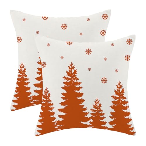 CXMEIFLY Christmas Pillow Covers 18x18 Inch Set of 2 Cream Burnt Orange Christmas Tree Snowflakes Decor Throw Pillows Winter Xmas Holiday Outdoor Cushion Cases for Couch Bed Decorations