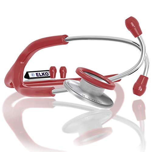 Image of ELKO EL-140 ULTRA II SS Stainless Steel Acoustic Stethoscope | For Doctors, Medical Students & Healthcare Professionals | Dual Head Chestpiece | 5.5mm Brass Pipe Frame | U-Shaped PVC Tubing (Red)