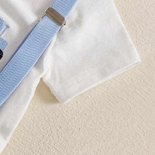 Baby Boys Tractor Outfit Toddler Summer Clothes Embroidery Romper + Suspender Plaid Shorts 2 Pieces Set4