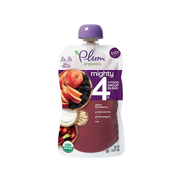 Plum Organics Mighty 4 Organic Toddler Food - 4 Food Group Blend Variety Pack - 4 oz Pouch (Pack of 18) - Organic Fruit and Vegetable Toddler Food Pouch