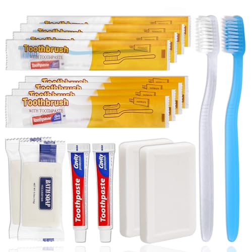 Gisdo 50 Disposable Toothbrushes with Toothpaste and 50 Bar Soap Individually Wrapped 2 Colors Travel Size Bulk Amenities and Toiletries for Hotel Travel Hospitality