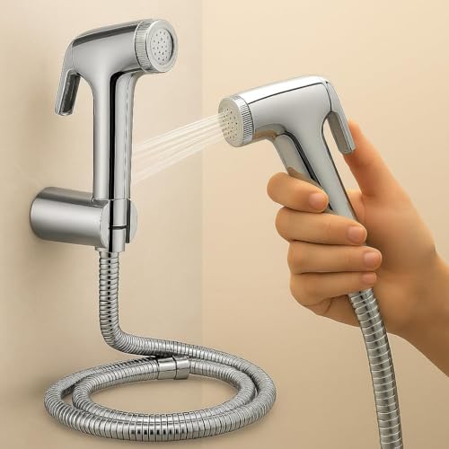 Image of ABS Health Faucet Jet Spray Gun with 1m Hose N Wall Hook | Chrome Finish Toilet Jet Spray for Bathroom Hygiene | Leak Proof | Includes 6-Inch Stainless Steel Napkin Ring Towel Holder (2 Set)