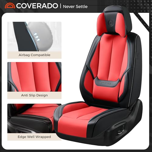 Image of Coverado Seat Covers, Car Seat Covers Front Seats, Car Seat Cover, Car Seat Protector Waterproof, Seat Cushion Nappa Leather with Head Pillow, Carseat Cover Universal Fit for Most Cars (Black&Red)