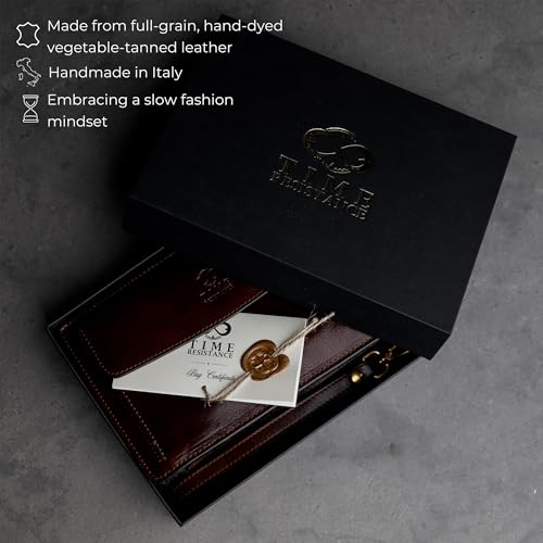 Image of Time Resistance Leather Clutch for Men Organizer Wrist Bag Briefcase Handmade in Italy Gift Box Included