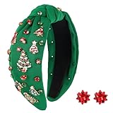 Babycop Christmas Headbands for Women, Green Knotted Jeweled Crystal Headband w/Xmas Tree – Christmas Gifts for Women, Holiday Outfits Hair Accessories (w/Red Bow Earrings)
