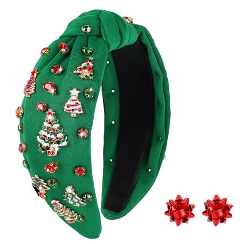 Babycop Christmas Headbands for Women, Green Knotted Jeweled Crystal Headband w/Xmas Tree – Christmas Gifts for Women, Holiday Outfits Hair Accessories (w/Red Bow Earrings)