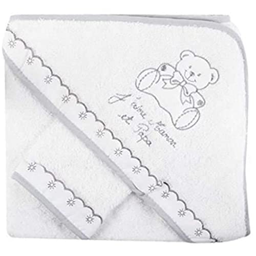 Sortie de bain'j'aime maman et papa' avec gant, idée cadeau naissance (blanc/gris)