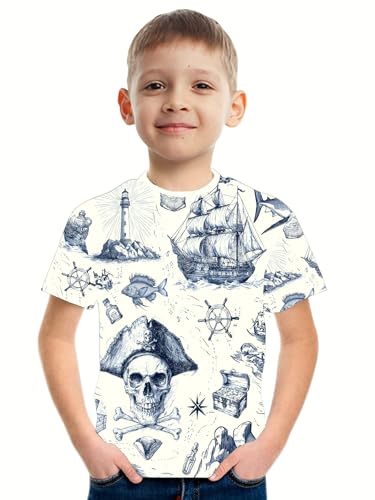 DFZ Boys Pirate Cruise T-Shirt Retro Nautical Casual Short Sleeve Shirt Vacation Cruise Night Tops for Kids Unisex Blue