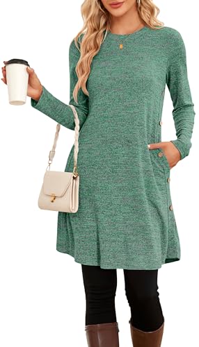 SENBATU Winter-Pullover-Kleider für Damen, Langarm, Kausale Knöpfe, seitliches Tunika-Kleid mit Taschen, Mittelgrün