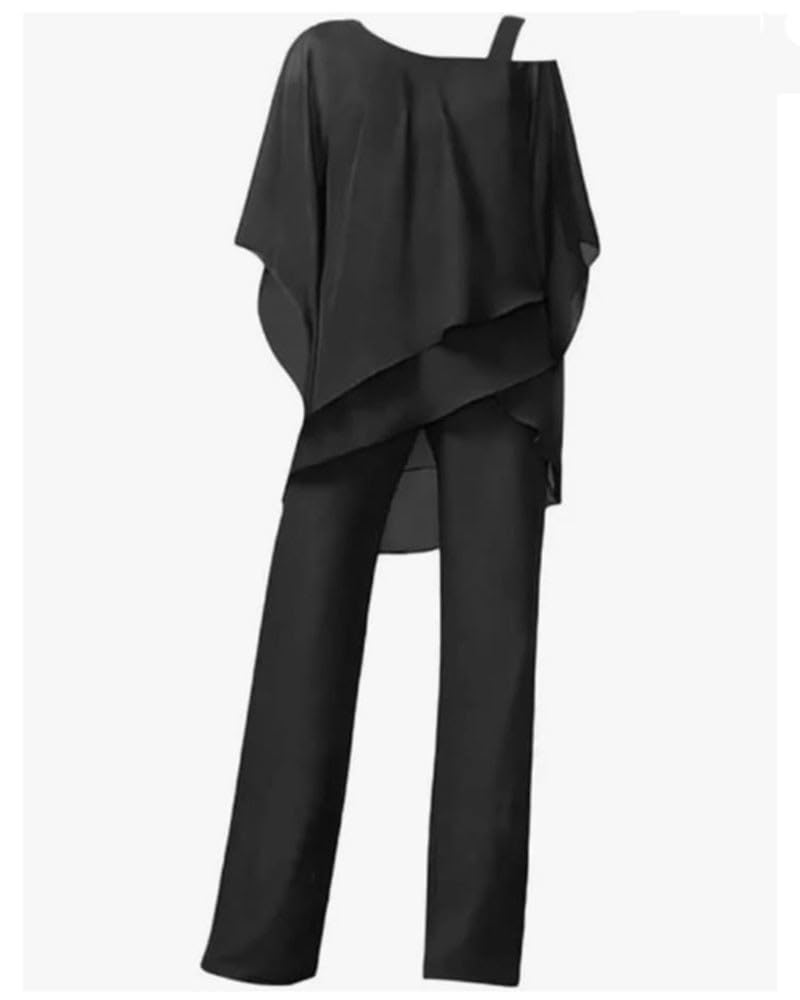 Hosenanzug Damen Elegantes Chiffon Zweiteiliges Set Shirt und Hosenanzug Cocktail Party Batwing Ärmel Festliche Abendzüge