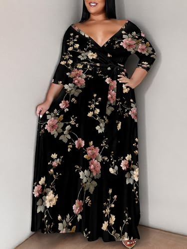 Image of SUZONANA Plus Size Maxi Dresses for Curcy Women Casual Loose 3 /4 Sleeve Long Dress with Belt