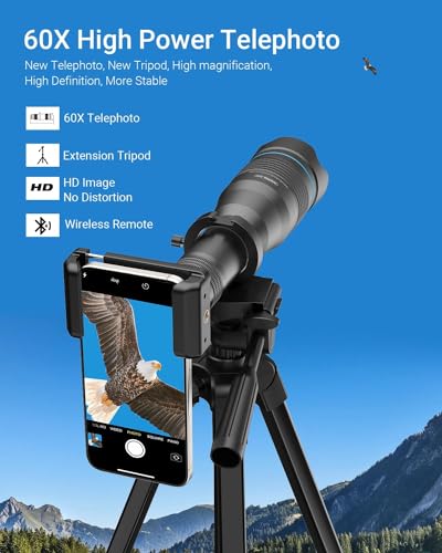 Image of APEXEL 60X HD Telephoto Lens for Most Smartphones, All-in-One Kit with Tripod & Bluetooth Remote, High-Power Lens for Long-Distance Photography