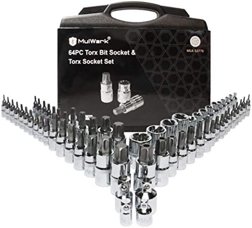 MulWark Premium 64-Piece Master 3/8, 1/4, 1/2 in. Drive Torx Bit Socket and External Torx Socket Set w./ Impact Adapter and Reducer | S2 and Cr-V Steel | Automotive, Bike, Motorcycle & ATV