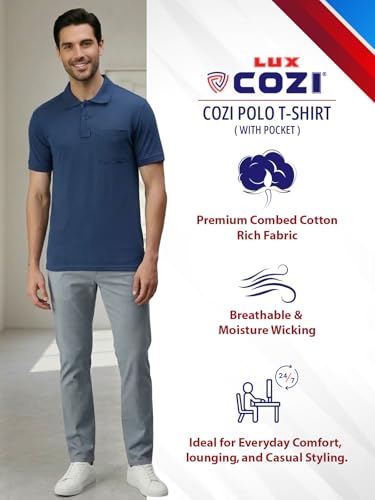 Image of Lux Cozi Men's Polo T-Shirt Regular Fit Half Sleeves with Pocket | Cotton Blend Polo Neck Collar T-Shirt for Men | Casual, Office Comfortable Breathable T-Shirt | Stylish Plain Tee