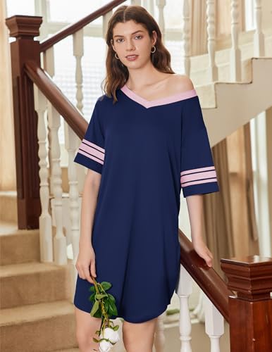 Image of Ekouaer Nightgowns for Women 2 Pack Sleepshirts Short Sleeve Nightshirt V Neck Sleepwear Casual Pajama Dress