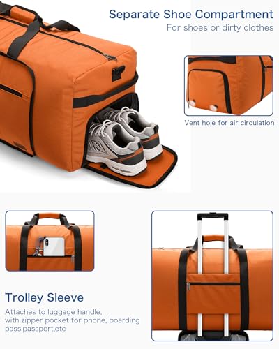 Image of Urtala Travel Duffel Bag for Women & Men, Large Foldable Overnight Weekender Bag with Shoes Compartment & Shoulder Strap, Lightweight Waterproof Luggage Bag, Orange, 80L, Practical, Casual, Sporty