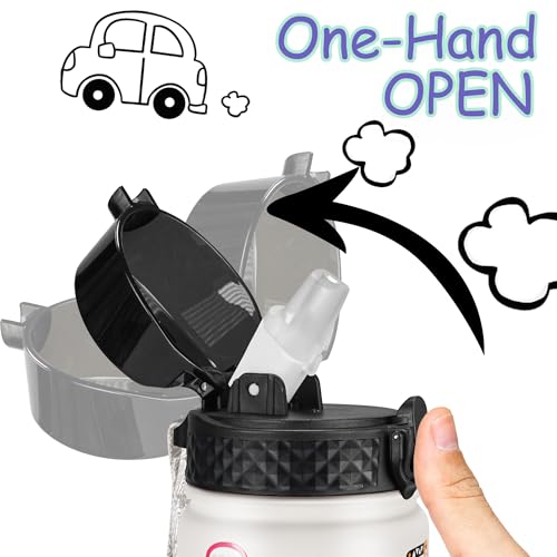 GOPPUS Kids Water Bottle (Straw Lid) - 14 Oz Stainless Steel Travel Bottle, Double Wall Vacuum Leak Proof Kids Cup for School Boys Girls,White engineering car