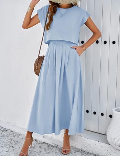 Image of HangNiFang Summer Skirt Sets Women 2 Piece Outfits Cap Sleeve Top Elastic Waist Maxi Dress Sets with Pockets