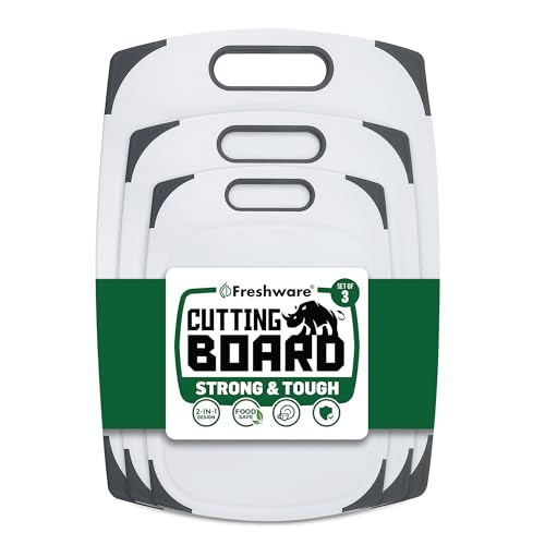 Image of Plastic Cutting Boards for Kitchen, Cutting Board Set of 3, Juice Grooves with Easy Grip Handle, BPA-Free, Non-Porous, Dishwasher Safe, White