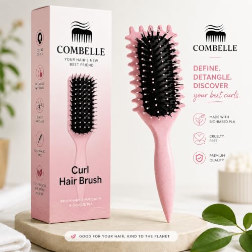 Image of Combelle 5-in-1 Curl Hair Brush, Vegan Boar Bristles, Bio-Baked PLA Handle, Detangling and Frizz Control for Curly Hair (Pink)
