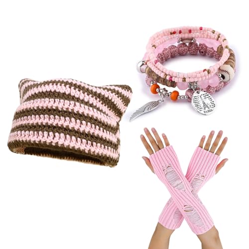 CORIRESHA Fairycore Grunge Cute Cat Ear Beanie Emo Stuff Fingerless Gloves Boho Stackable Bracelets Y2k Accessories