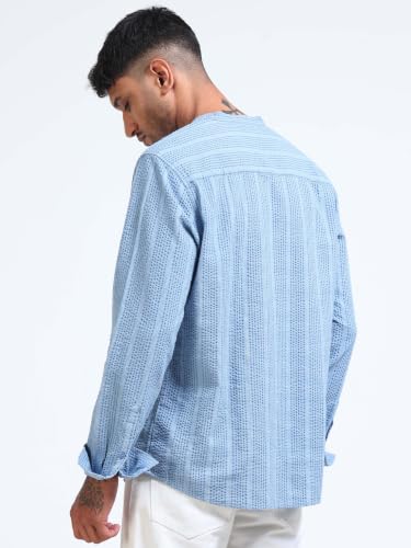 Image of StitchX Men's Seersucker Band Collar Pure Cotton Striped Kurta Shirt-S-2XL