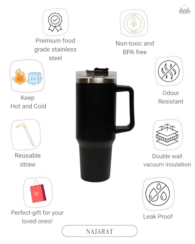 Image of 1200ML Stainless Steel Tumbler Hot and Cold with Handle and Lid and 2 Straws, Double Insulated Cup Leak Proof Mug Cupholder for Gym, Travelling (Doodles Black)
