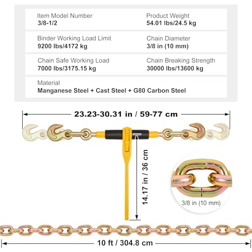Image of VEVOR Chain and Binder Kit, 3 /8 inch-1 /2 inch Ratchet Load Binders 9200 lbs Working Load Limit, 3 /8 inch x 10' G80 Chains with Grab Hooks, Ratchet Binders and Chains for Truck, Tie Down, Hauling, Towing, 2 Set